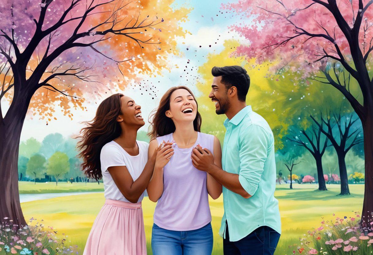 A whimsical scene depicting a couple sharing a laugh in a park, surrounded by blooming flowers that float in the air like pollen. The woman is playfully sneezing, sending colorful heart-shaped particles into the air. The man looks amused, showcasing affection amidst the sneeze. Soft pastel colors create a dreamy atmosphere, embodying the connection between emotions and health. vibrant colors. digital painting. whimsical style.