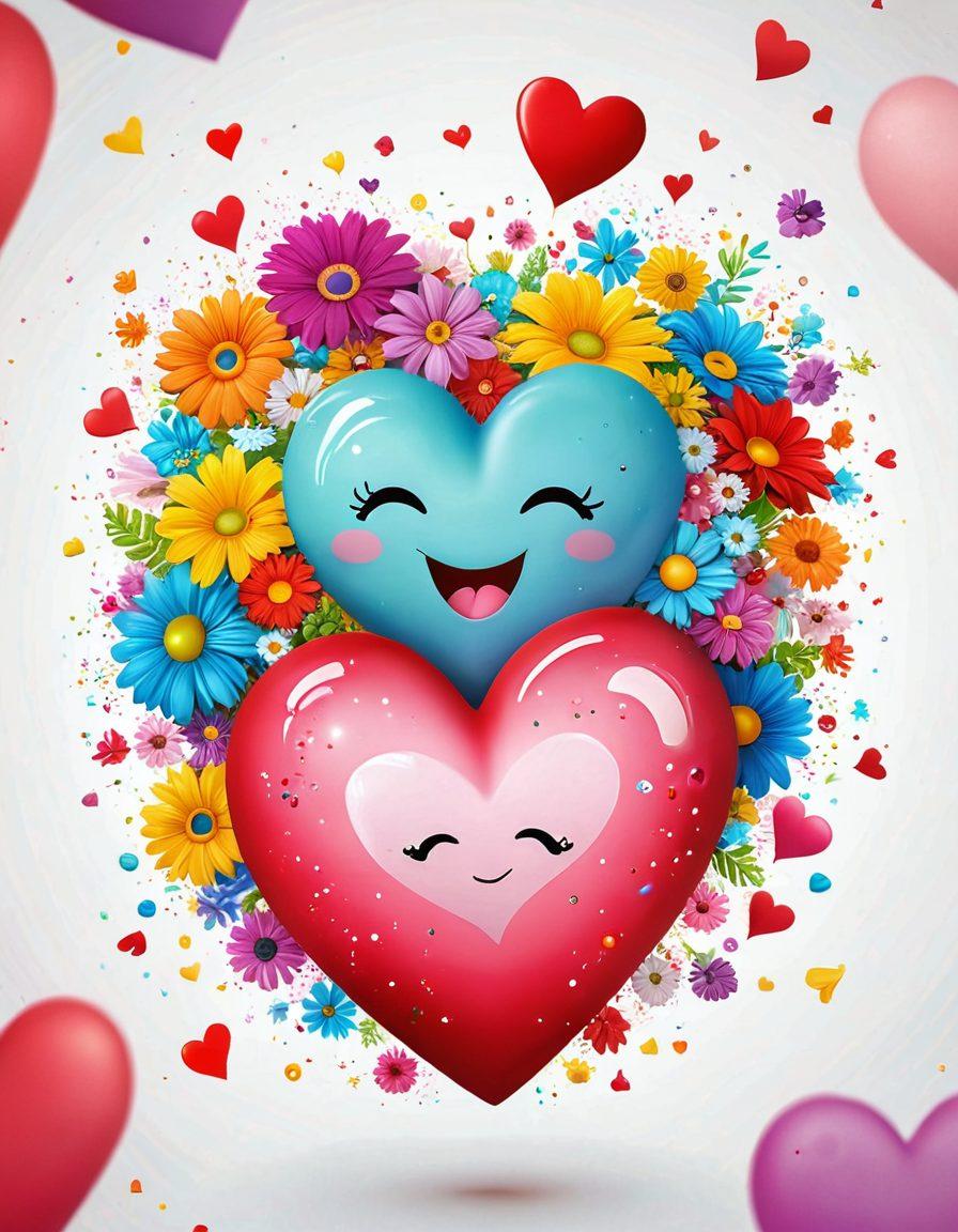 A whimsical illustration of a cartoon heart bursting with vibrant flowers, surrounded by playful, smiling germs holding hearts, showcasing the concept of affection boosting health. In the background, soft, pastel colors blend seamlessly, while tiny sparkles of love float in the air. super-realistic. vibrant colors. white background.